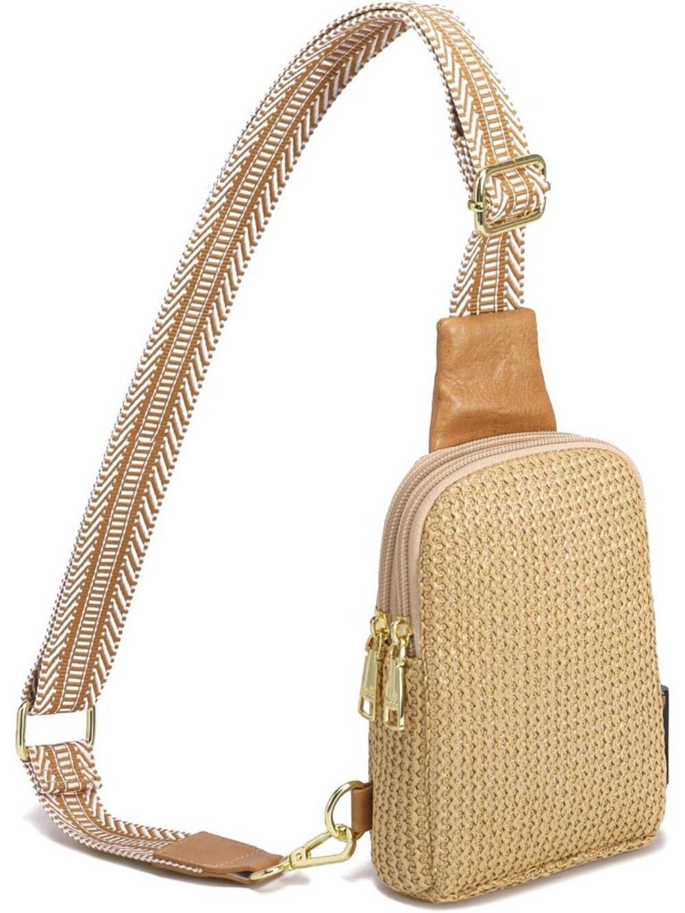 Women's Khaki Small Faux Straw Summer Beach Sling Casual Outing Crossbody Bag